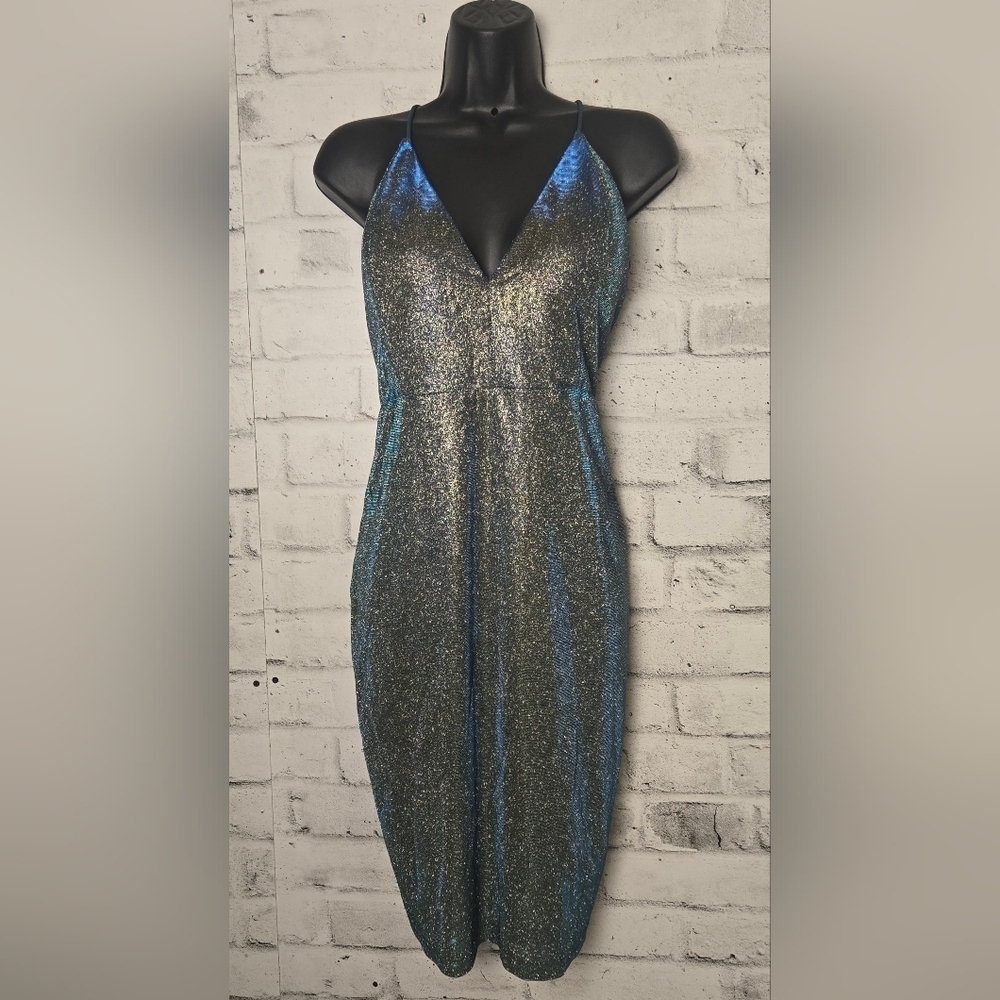 ReVamped Metallic Blue Glitter Bodycon Dress XL Strappy Lace Up Back